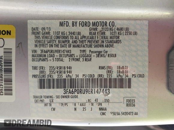 2014 Ford Fusion Titanium Hybrid with VIN 3FA6P0RU9ER147443, listed as a IAAI auction lot 41739540 with 146,359 mi miles. Bid and sale history available at carsss.com. Image 9.
