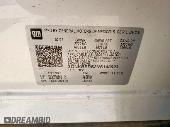 2022 Chevrolet Blazer RS with VIN 3GNKBERS2NS148923, listed as a Copart auction lot 56627925 with 36,198 mi miles and Salvage title. Bid and sale history available at DreamBid. Image 13.