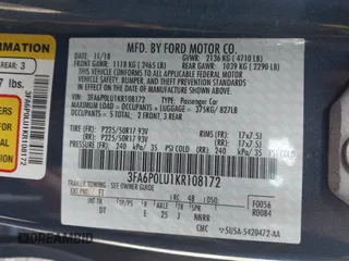 2019 Ford Fusion SE with VIN 3FA6P0LU1KR108172, listed as a IAAI auction lot 42080848 with 201,360 mi miles and . Bid and sale history available at DreamBid. Image 9.