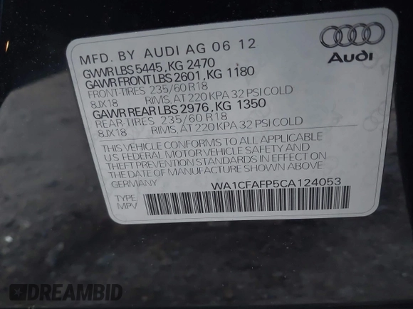 2012 Audi Q5 Premium z VIN WA1CFAFP5CA124053, wystawiony jako IAAI lot #40917328 z przebiegiem 90 954 mil mil oraz . Historia ofert i sprzedaży dostępna na DreamBid. Obrazek 9.