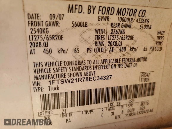 2008 Ford Super Duty F-250 SRW XL with VIN 1FTSW21R78EC34327, listed as a Copart auction lot 51926925 with 0 mi miles and Salvage Title. Bid and sale history available at carsss.com. Image 12.