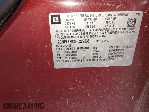 2017 Chevrolet Equinox LT with VIN 2GNFLFEKXH6229035, listed as a IAAI auction lot 41893070 with 209,175 mi miles and . Bid and sale history available at DreamBid. Image 9.
