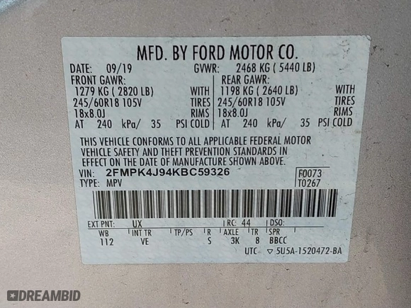 2019 Ford Edge SEL with VIN 2FMPK4J94KBC59326, listed as a IAAI auction lot 41607172 with NaN miles. Bid and sale history available at carsss.com. Image 9.