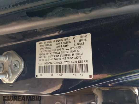 2007 Honda Accord LX с VIN 1HGCM56477A007641, выставлен на аукционе IAAI как лот 42391611 с пробегом 191 325 миль миль и . История ставок и продаж доступна на DreamBid. Изображение 9.