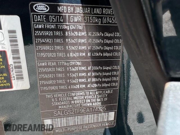 2014 Land Rover Range Rover Supercharged с VIN SALGS2TF9EA174325, выставлен на аукционе Copart как лот 62036815 с пробегом 105 462 миль миль и На запчасти • Non repairable. История ставок и продаж доступна на DreamBid. Изображение 15.