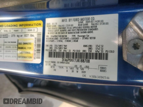 2018 Ford Fusion SE with VIN 3FA6P0H77JR188708, listed as a Copart auction lot 47030095 with 141,050 mi miles and Salvage Title. Bid and sale history available at DreamBid. Image 14.
