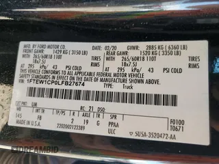 2020 Ford F-150 XL with VIN 1FTEW1CP0LFB27674, listed as a Copart auction lot 41801335 with 0 mi miles and Non Repairable. Bid and sale history available at carsss.com. Image 12.
