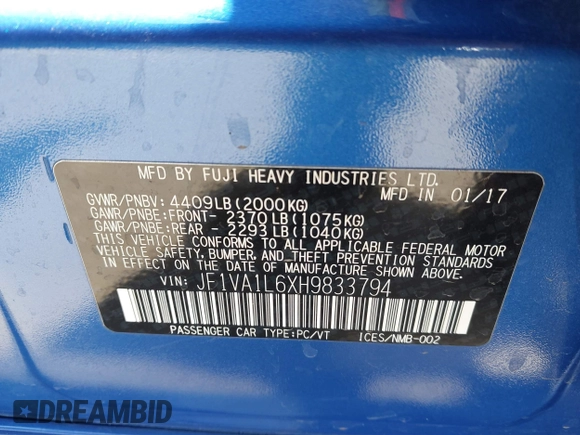 2017 Subaru WRX Limited with VIN JF1VA1L6XH9833794, listed as a IAAI auction lot 42270647 with 70,809 mi miles and . Bid and sale history available at DreamBid. Image 9.