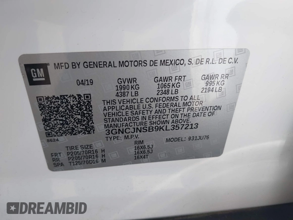 2019 Chevrolet Trax LS with VIN 3GNCJNSB9KL357213, listed as a IAAI auction lot 41437858 with 74,589 mi miles. Bid and sale history available at carsss.com. Image 9.