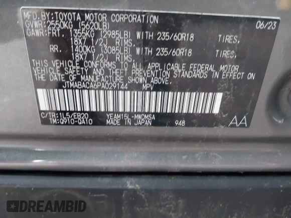 2023 Toyota bZ4X XLE with VIN JTMABACA6PA029144, listed as a IAAI auction lot 42245153 with Not provided miles and . Bid and sale history available at DreamBid. Image 9.
