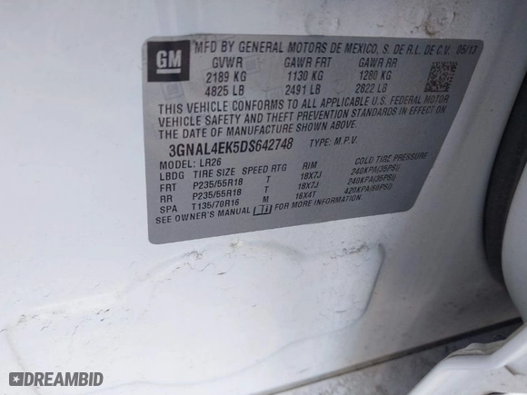 2013 Chevrolet Captiva Sport Fleet LTZ with VIN 3GNAL4EK5DS642748, listed as a IAAI auction lot 41891097 with 162,934 mi miles. Bid and sale history available at carsss.com. Image 9.