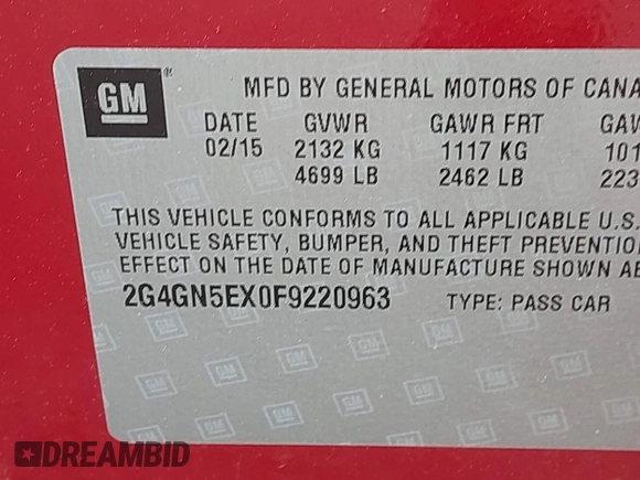 2015 Buick Regal Premium I with VIN 2G4GN5EX0F9220963, listed as a IAAI auction lot 42357429 with 74,668 mi miles and . Bid and sale history available at DreamBid. Image 9.
