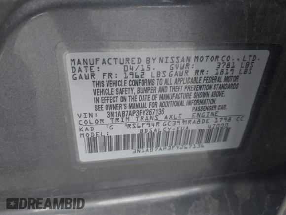 2015 Nissan Sentra SR with VIN 3N1AB7AP3FY267136, listed as a IAAI auction lot 42175924 with 82,632 mi miles and . Bid and sale history available at DreamBid. Image 9.
