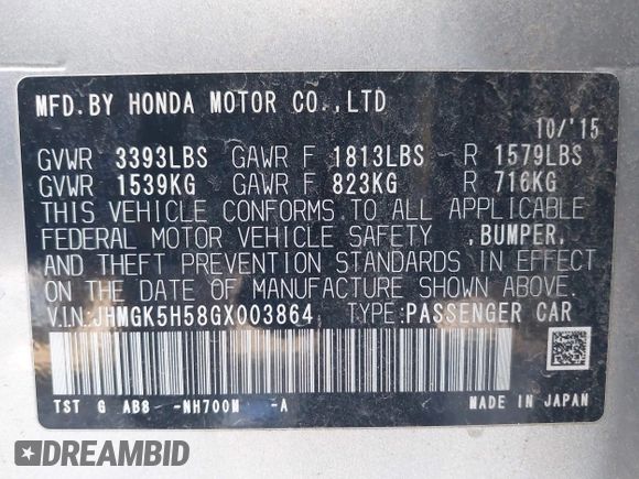 2016 Honda Fit LX with VIN JHMGK5H58GX003864, listed as a IAAI auction lot 41554364 with 258,819 mi miles. Bid and sale history available at carsss.com. Image 9.