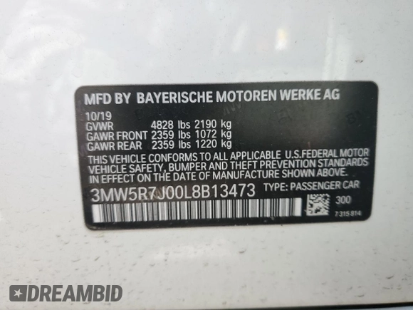 2020 BMW 3 Series 330i xDrive with VIN 3MW5R7J00L8B13473, listed as a Copart auction lot 47280485 with 0 mi miles and Salvage Title. Bid and sale history available at carsss.com. Image 14.