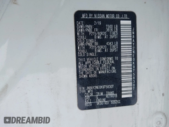 2019 Nissan Armada Platinum with VIN JN8AY2NE0K9758307, listed as a IAAI auction lot 41492623 with 82,373 mi miles. Bid and sale history available at carsss.com. Image 9.