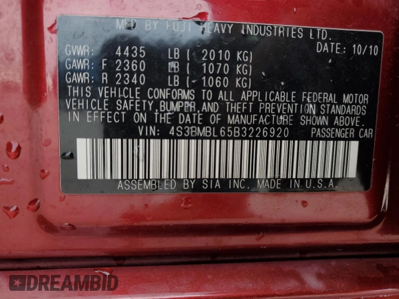 2011 Subaru Legacy Limited Power Moon z VIN 4S3BMBL65B3226920, wystawiony jako Copart lot #82661604 z przebiegiem 132 151 mil mil oraz Szkoda całkowita • Salvage title. Historia ofert i sprzedaży dostępna na DreamBid. Obrazek 12.