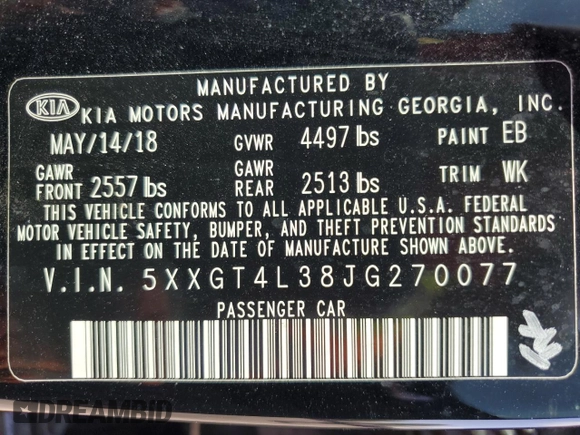 2018 Kia Optima LX z VIN 5XXGT4L38JG270077, wystawiony jako Copart lot #78036814 z przebiegiem 85 087 mil mil oraz Szkoda całkowita • Salvage title. Historia ofert i sprzedaży dostępna na DreamBid. Obrazek 12.