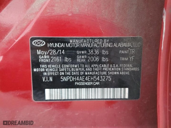2014 Hyundai Elantra SE with VIN 5NPDH4AE4EH543275, listed as a Copart auction lot 42673315 with NaN miles and Salvage Title. Bid and sale history available at carsss.com. Image 12.