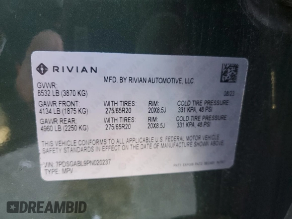 2023 Rivian R1S Launch Edition with VIN 7PDSGABL9PN020237, listed as a Copart auction lot 49249935 with 11,452 mi miles and Salvage Title. Bid and sale history available at carsss.com. Image 14.