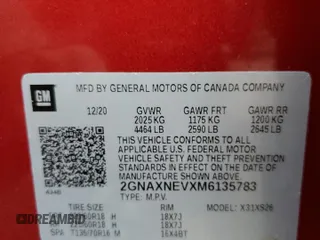 2021 Chevrolet Equinox Premier with VIN 2GNAXNEVXM6135783, listed as a Copart auction lot 58074745 with 45,952 mi miles and Salvage title. Bid and sale history available at DreamBid. Image 13.