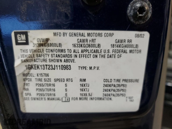 2003 GMC Yukon SLT with VIN 1GKEK13T23J110983, listed as a Copart auction lot 53232505 with 0 mi miles and Clean Title. Bid and sale history available at carsss.com. Image 14.
