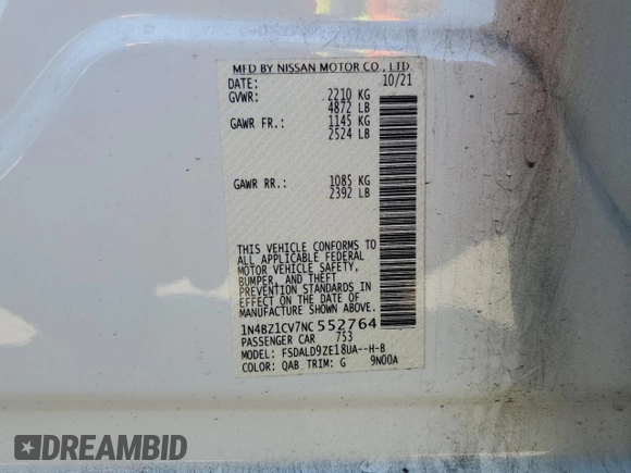 2022 Nissan LEAF SV Plus with VIN 1N4BZ1CV7NC552764, listed as a Copart auction lot 53708515 with 25,294 mi miles and Salvage title. Bid and sale history available at DreamBid. Image 12.