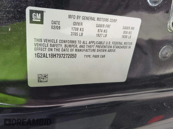 2009 Pontiac G5 with VIN 1G2AL18H797272050, listed as a IAAI auction lot 41953366 with 344,757 mi miles. Bid and sale history available at carsss.com. Image 9.