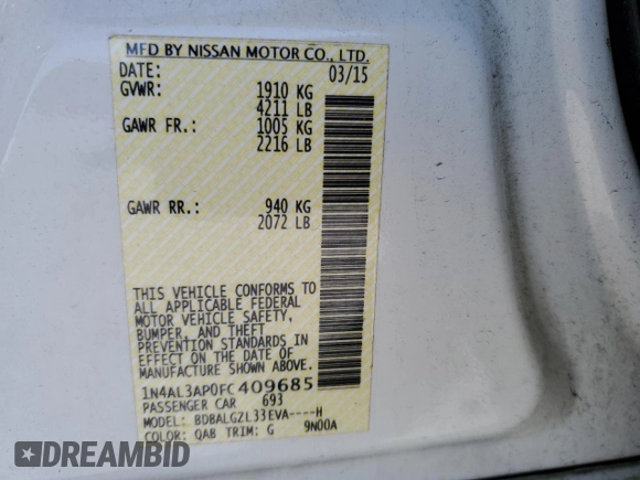 2015 Nissan Altima 2.5 S with VIN 1N4AL3AP0FC409685, listed as a Copart auction lot 52282955 with 69,367 mi miles and Salvage Title. Bid and sale history available at carsss.com. Image 14.