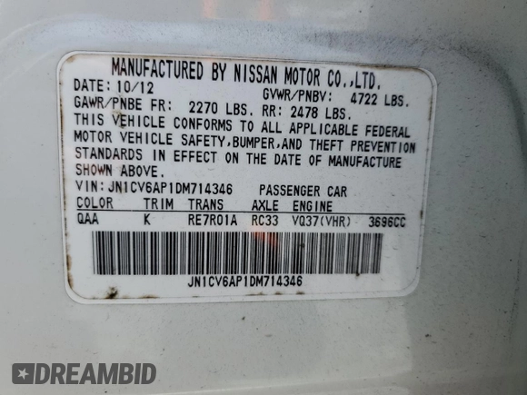 2013 Infiniti G37 Sedan Journey with VIN JN1CV6AP1DM714346, listed as a Copart auction lot 51689945 with 117,667 mi miles and Salvage Title. Bid and sale history available at carsss.com. Image 13.