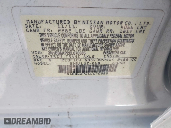 2012 Nissan Sentra SE-R z VIN 3N1BB6AP2CL670385, wystawiony jako IAAI lot #42431771 z przebiegiem 186 513 mil mil oraz . Historia ofert i sprzedaży dostępna na DreamBid. Obrazek 9.