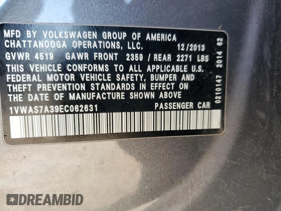 2014 Volkswagen Passat Wolfsburg Ed with VIN 1VWAS7A39EC062631, listed as a Copart auction lot 51150715 with 159,723 mi miles and Salvage Title. Bid and sale history available at carsss.com. Image 14.