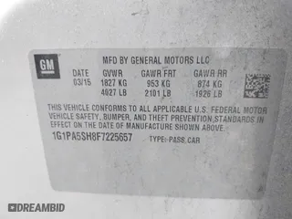 2015 Chevrolet Cruze LS with VIN 1G1PA5SH8F7225657, listed as a IAAI auction lot 41788086 with 118,307 mi miles. Bid and sale history available at carsss.com. Image 9.