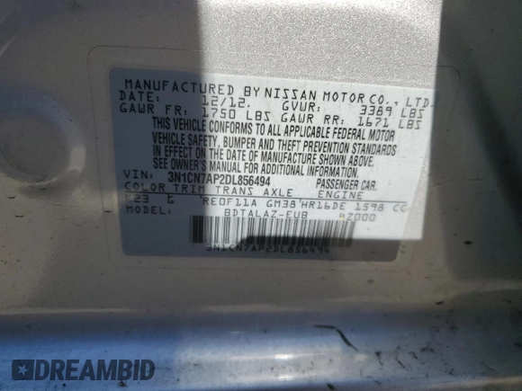 2013 Nissan Versa S Plus z VIN 3N1CN7AP2DL856494, wystawiony jako Copart lot #47130355 z przebiegiem 141 879 mil mil oraz Szkoda całkowita • Salvage title. Historia ofert i sprzedaży dostępna na DreamBid. Obrazek 14.