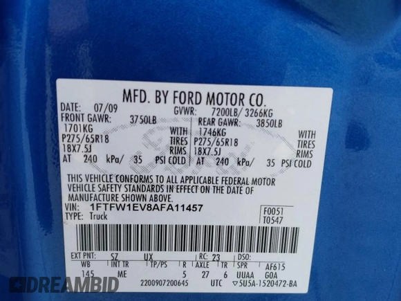 2010 Ford F-150 XL with VIN 1FTFW1EV8AFA11457, listed as a Copart auction lot 60961435 with 159,767 mi miles and Salvage title. Bid and sale history available at DreamBid. Image 12.