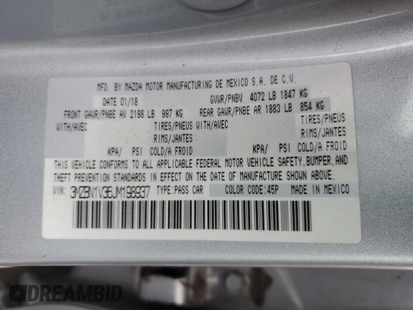 2018 Mazda 3 Touring with VIN 3MZBN1V36JM198937, listed as a Copart auction lot 44759285 with 91,857 mi miles and Non Repairable. Bid and sale history available at carsss.com. Image 12.
