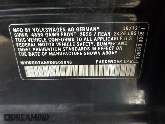 2013 Volkswagen CC VR6 Executive 4Motion with VIN WVWGU7AN5DE509046, listed as a Copart auction lot 87741755 with 133,810 mi miles and Salvage Title. Bid and sale history available at carsss.com. Image 12.