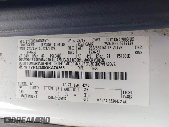 2016 Ford Transit Cargo with VIN 1FTYR1ZM6GKA70265, listed as a IAAI auction lot 41209043 with 156,112 mi miles and . Bid and sale history available at DreamBid. Image 9.