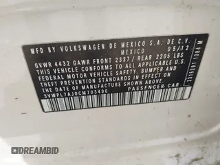 2012 Volkswagen Jetta TDI w/Sunroof & Nav with VIN 3VWPL7AJ0CM703490, listed as a IAAI auction lot 42492781 with 151,988 mi miles and . Bid and sale history available at DreamBid. Image 9.