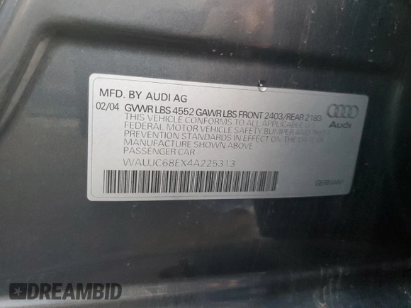 2004 Audi A4 1.8T z VIN WAUJC68EX4A225313, wystawiony jako Copart lot #41542835 z przebiegiem 163 806 mil mil oraz Szkoda całkowita • Salvage title. Historia ofert i sprzedaży dostępna na DreamBid. Obrazek 12.