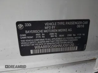 2017 BMW 3 Series 330i with VIN WBA8B9G56HNU09120, listed as a IAAI auction lot 42396399 with 55,667 mi miles and . Bid and sale history available at DreamBid. Image 9.