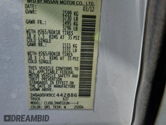 2012 Nissan Frontier SL with VIN 1N6AD0FR9CC442886, listed as a Copart auction lot 59970065 with 109,810 mi miles and Salvage title. Bid and sale history available at DreamBid. Image 12.