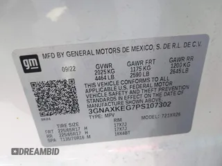 2023 Chevrolet Equinox LT with VIN 3GNAXKEG7PS107302, listed as a IAAI auction lot 41784827 with 59,398 mi miles and . Bid and sale history available at carsss.com. Image 9.