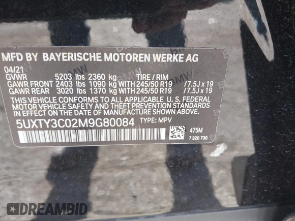 2021 BMW X3 sDrive30i z VIN 5UXTY3C02M9G80084, wystawiony jako IAAI lot #42077773 z przebiegiem 36 239 mil mil oraz . Historia ofert i sprzedaży dostępna na DreamBid. Obrazek 9.