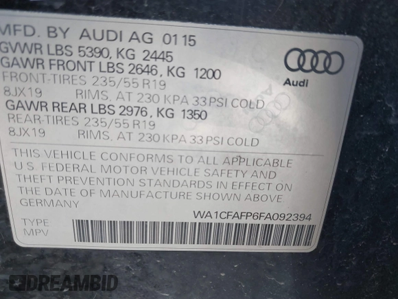 2015 Audi Q5 Premium with VIN WA1CFAFP6FA092394, listed as a IAAI auction lot 41689478 with 97,986 mi miles. Bid and sale history available at carsss.com. Image 9.