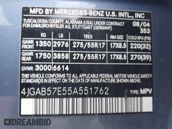 2005 Mercedes-Benz M 350 with VIN 4JGAB57E55A551762, listed as a IAAI auction lot 40800022 with 174,828 mi miles and . Bid and sale history available at DreamBid. Image 9.