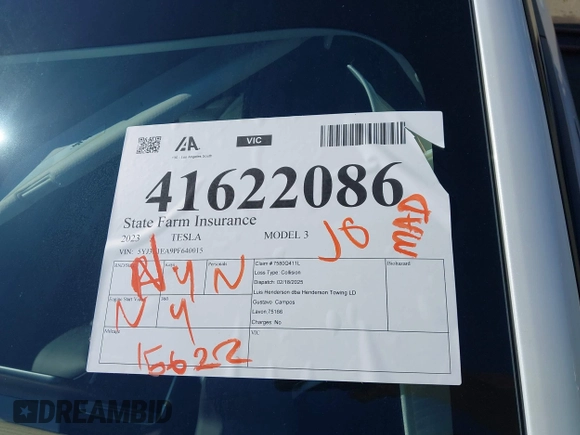 2023 Tesla Model 3 with VIN 5YJ3E1EA9PF640015, listed as a IAAI auction lot 41622086 with 15,622 mi miles and . Bid and sale history available at carsss.com. Image 19.