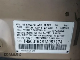 2001 Honda Accord LX z VIN 1HGCG16461A067174, wystawiony jako Copart lot #87543245 z przebiegiem 148 410 mil mil oraz Czysty tytuł • Clean title. Historia ofert i sprzedaży dostępna na DreamBid. Obrazek 12.