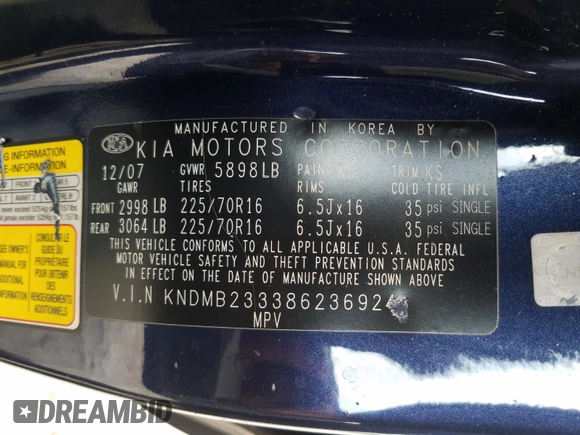2008 Kia Sedona LX with VIN KNDMB233386236924, listed as a Copart auction lot 84745164 with 259,803 mi miles and Non Repairable. Bid and sale history available at carsss.com. Image 10.