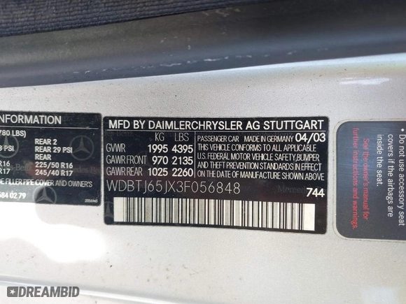 2003 Mercedes-Benz CLK-Class 3.2L with VIN WDBTJ65JX3F056848, listed as a IAAI auction lot 41430153 with 1 mi miles. Bid and sale history available at carsss.com. Image 9.